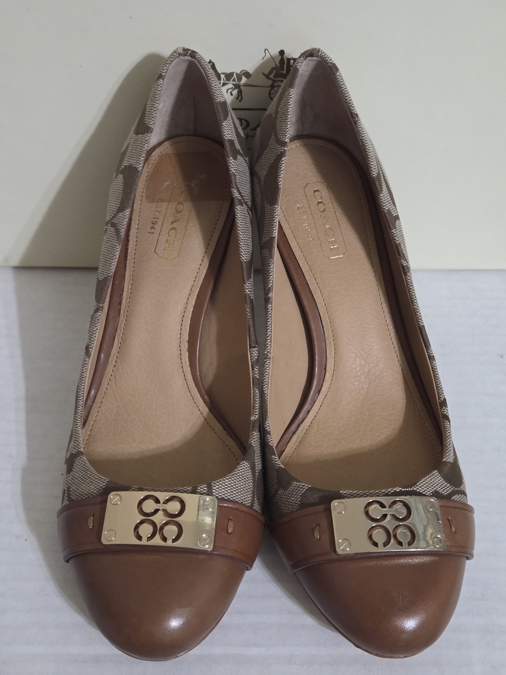 COACH Whitney Signature Canvas & Leather Heels US Women Size 6B Khaki/Cinnamon - Picture 3 of 12